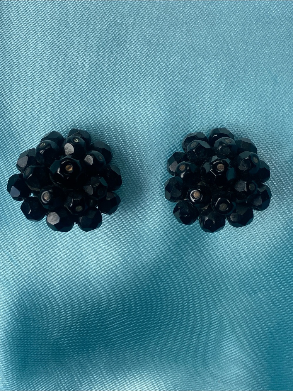 Signed Laguna Vintage Black Beaded Clusters Clip-On Earrings